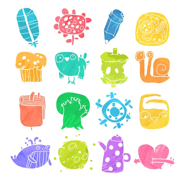 Vector Icons Set of Watercolor Cartoon Objects and Characters