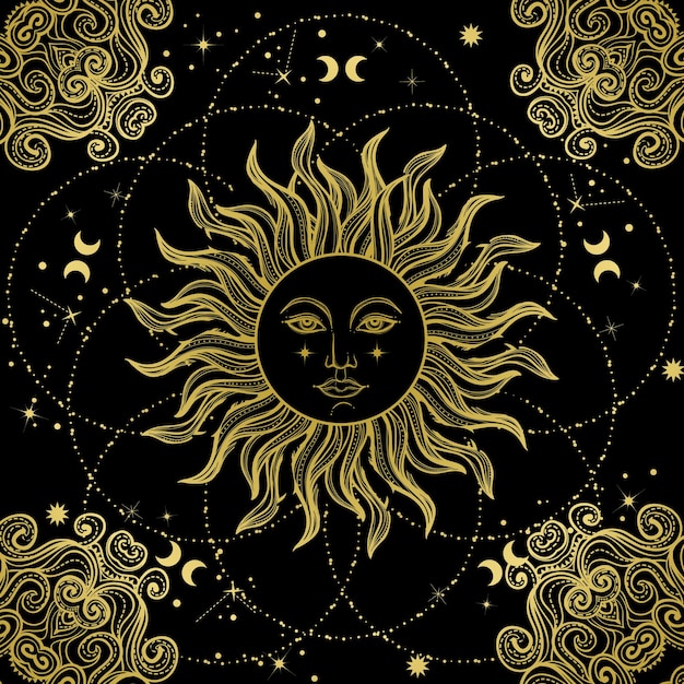 Vector illlustration of sun astronomy and astrology symbol Vintage boho or gypsy style