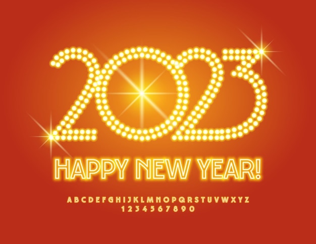 Vector illuminated Greeting Card Happy New Year 2023! Glowing Yellow Font. Elegant Neon Alphabet