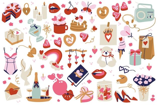 Vector illusation set of cute objects and icons for Valentine s Day cards. Set of romantic symbols of love and relationship.