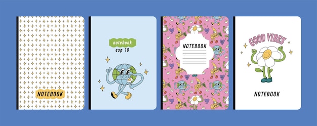 Vector illustartion templates cover pages for notebooks planners brochures books catalogs Background in retro groovy style