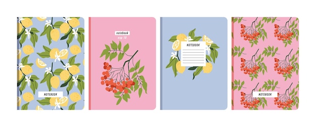 Vector illustartion templates cover pages for notebooks planners brochures books catalogs Fruits wallpapers with with lemon and rownberry