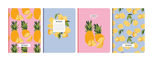 Vector illustartion templates cover pages for notebooks planners brochures books catalogs Fruits wallpapers with with pineapple and carambol