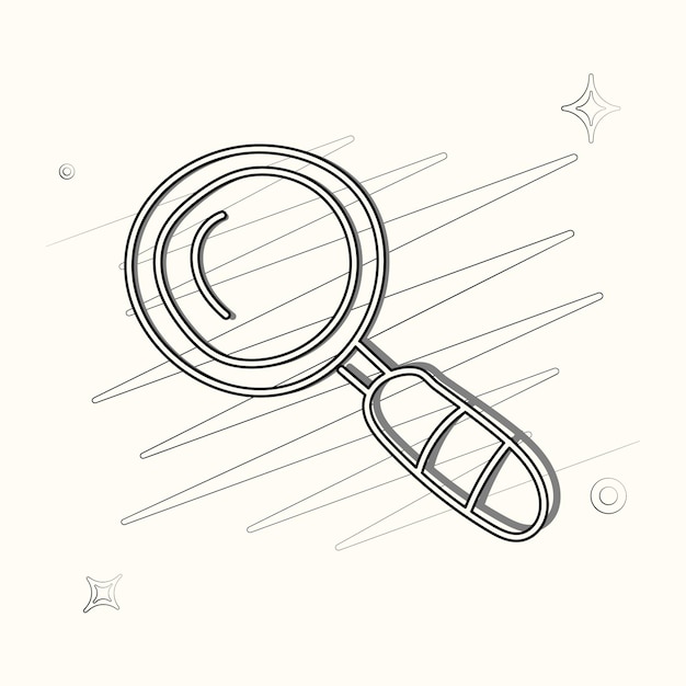 Vector illustrated outlined icon for magnifying glass with scribbles and stars