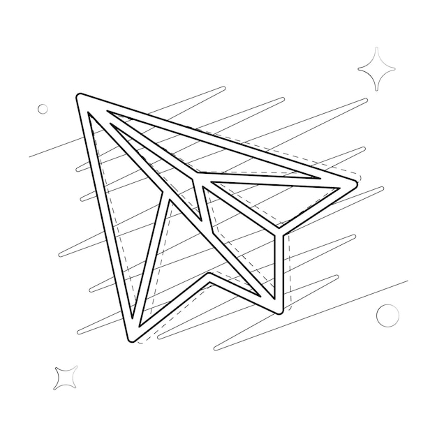 Vector illustrated outlined icon for paper plane with scribbles and stars