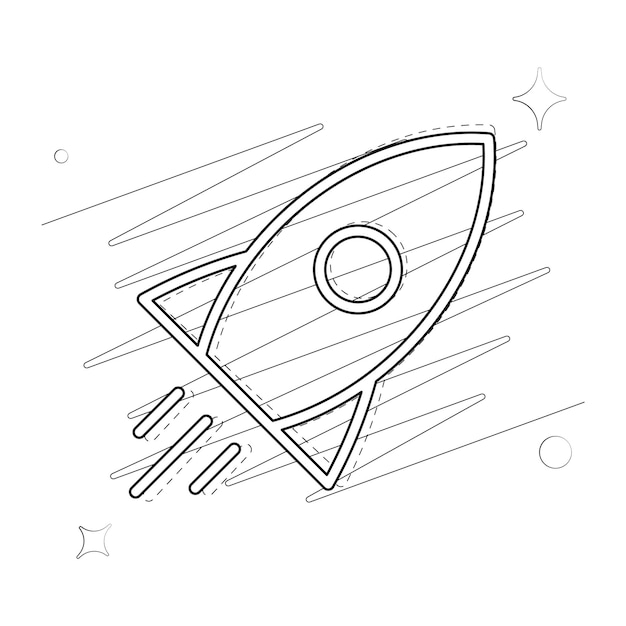 Vector illustrated outlined icon for rocket with scribbles and stars