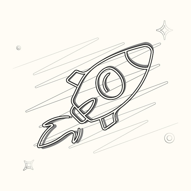 Vector illustrated outlined icon for rocket with scribbles and stars