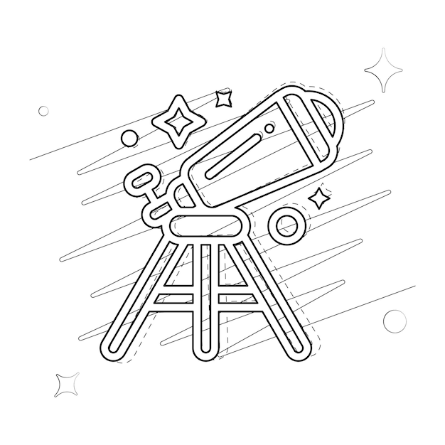 Vector illustrated outlined icon for telescope with scribbles and stars