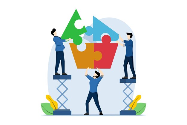 vector illustration about Business team cooperation concept with people connecting puzzle elements