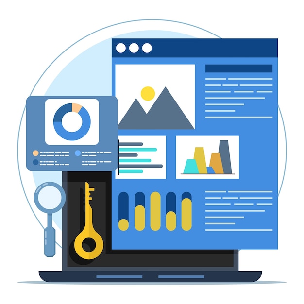 Vector vector illustration about concept of keyword analysis report or ranking of most frequently searched