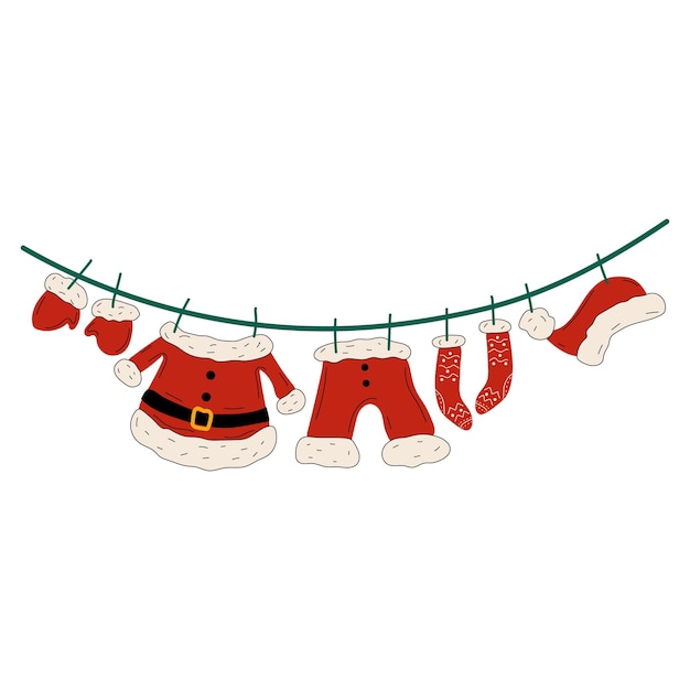 Vector illustration of all of Santa's clothes hanging on a clothesline. Vector in cartoon style.