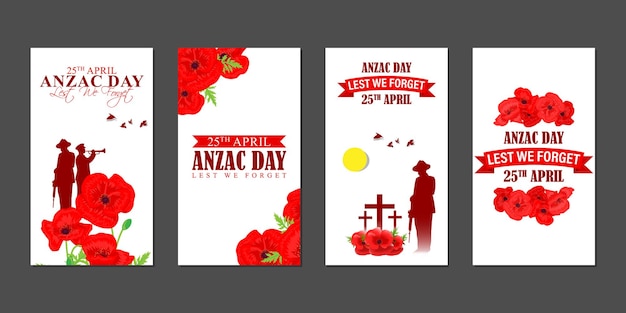 Vector illustration of Anzac Day social media story feed set mockup template