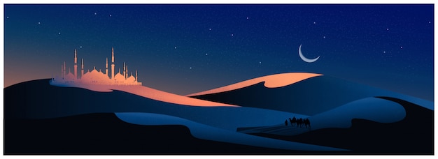 Vector vector illustration of the arabian journey with camels through the desert with mosque,