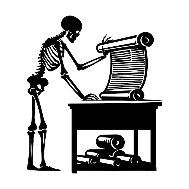 Vector illustration of Archivist skeleton with ancient scrolls