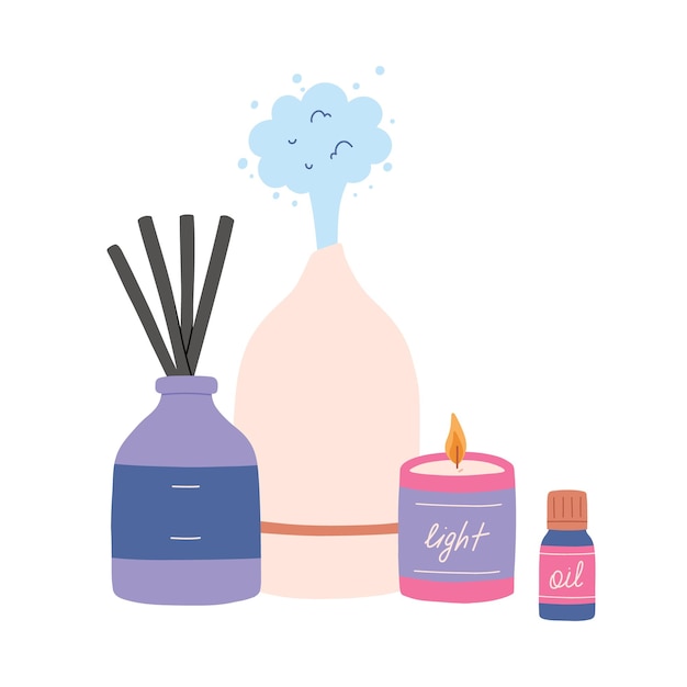 Vector vector illustration of aroma diffuser candle and aroma oil aromatherapy concept