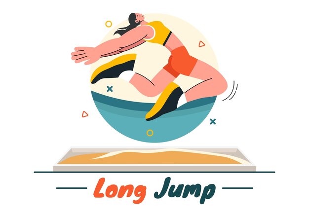 Vector vector illustration of an athlete performing a long jump in a sand pit in sports championship themes in flat style cartoon background