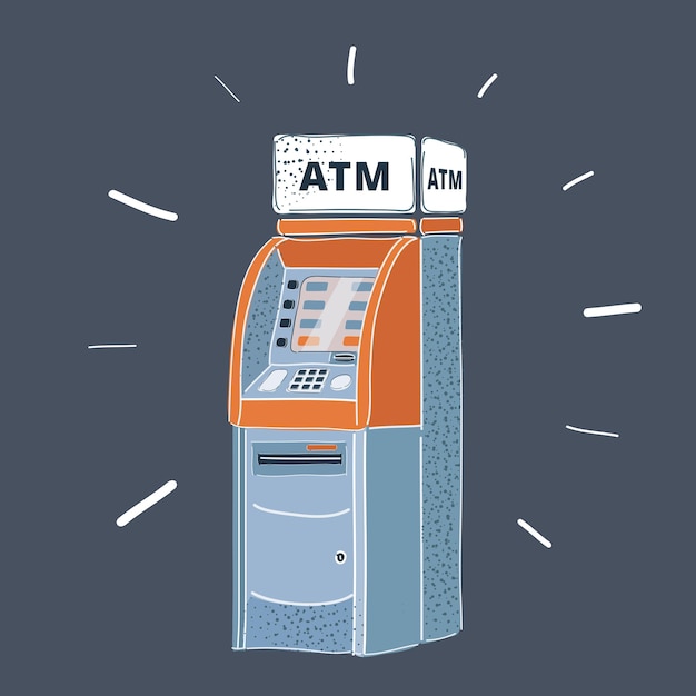 Vector illustration of ATM cashing machie on dark background Bank financing currency exchange Hand drawn object