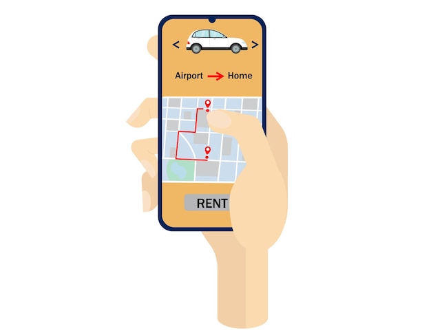 Vector illustration of autonomous car sharing via smartphone app with location mark and vehicle