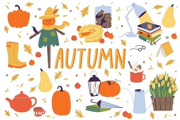 Vector illustration autumn collection Fall cozy style Decorative set of autumn elements and accessories