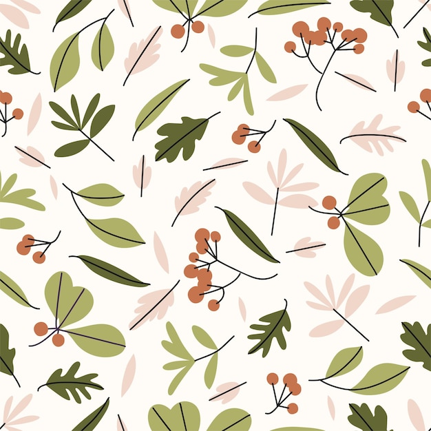 Vector illustration - autumn seamless pattern with leaves, branches, grass, berries. Vector background and modern textures.