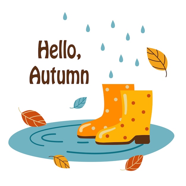 Vector illustration on an autumn theme, rubber boots in a puddle.