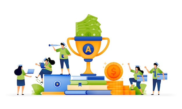 Vector vector illustration of award winning education investing in knowledge with scholarship for future success pile of books topped with trophy filled with money can use for ad poster campaign apps