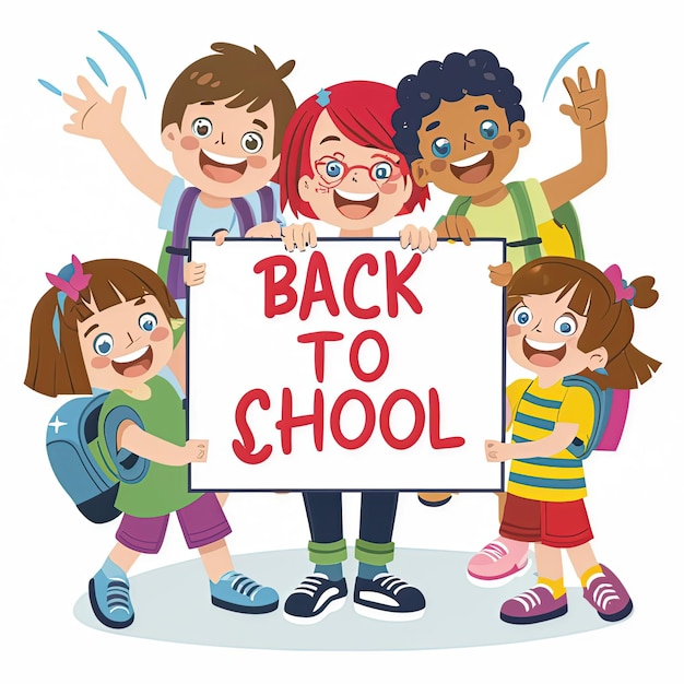 Vector vector illustration for back to school event with cartoon character and kids with bag back