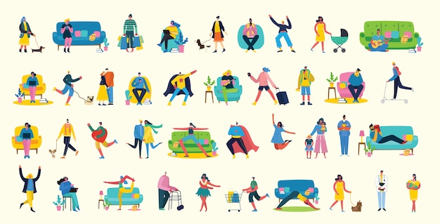 Vector illustration background in flat design of group people doing different activity