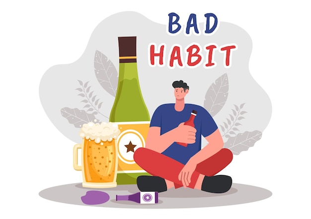 Vector vector illustration of bad habits featuring unhealthy lifestyles such as eating fast food or drinking alcohol in a flat cartoon style background