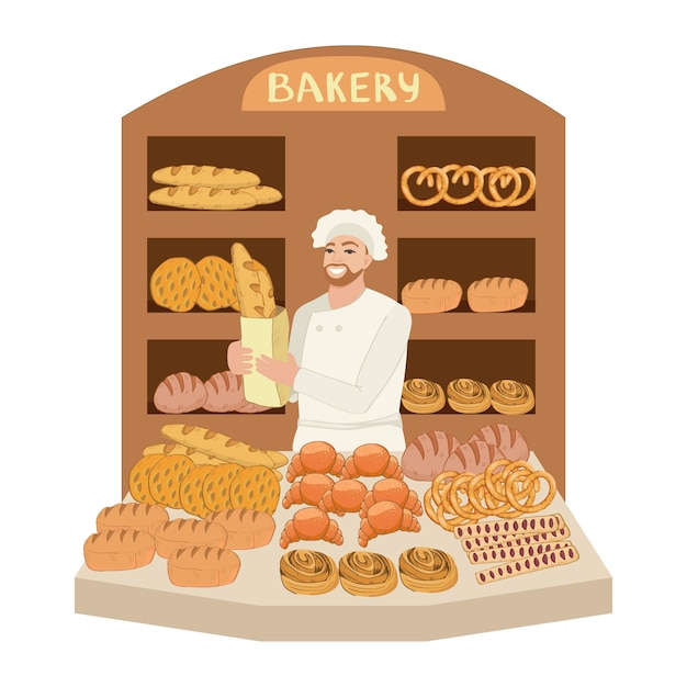 Vector Illustration A baker in a bakery is holding a paper bag with baguette Lots of pastries bread