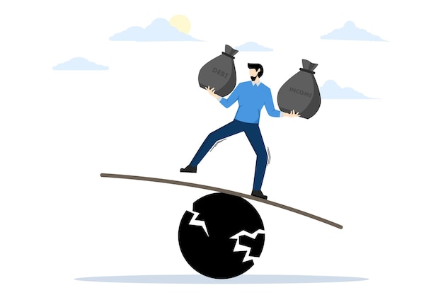 vector illustration of Balance between income and debt with Businessman carrying debt on a seesaw