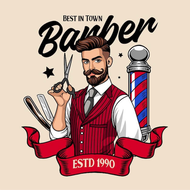 Vector vector illustration of barberman holding scissors with razor blade barbers pole