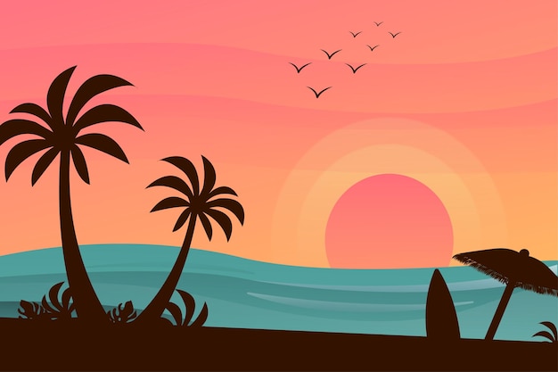 Vector illustration of beach scene at sunset