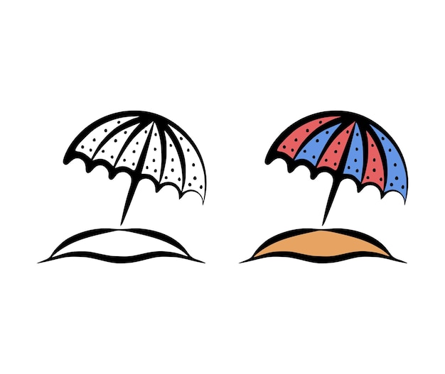 Vector illustration of a beach umbrella and sand in a hand drawn style on a white background