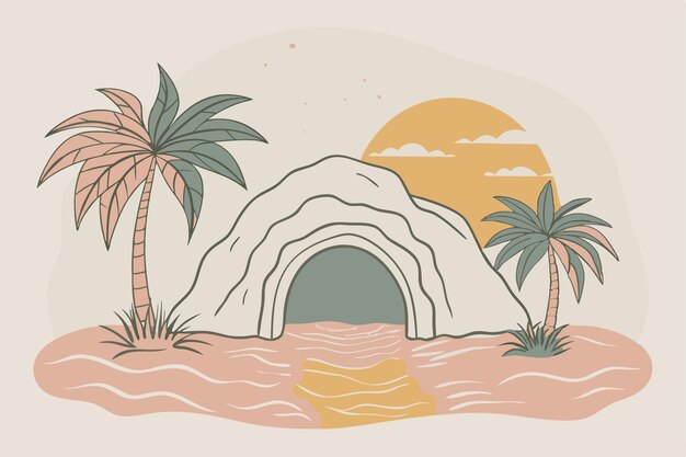 Vector vector illustration of a beach view through a cave