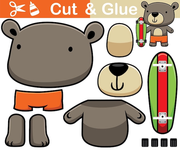 Vector illustration of bear cartoon with skateboard. Education paper game for children. Cutout and gluing