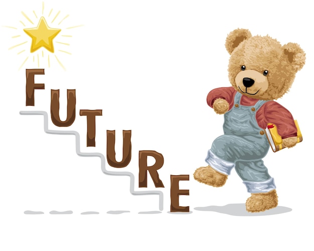 Vector illustration of bear doll carrying book walking on text stairs to reach golden star