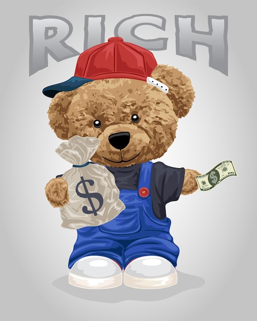 Vector illustration of bear doll holding money bag