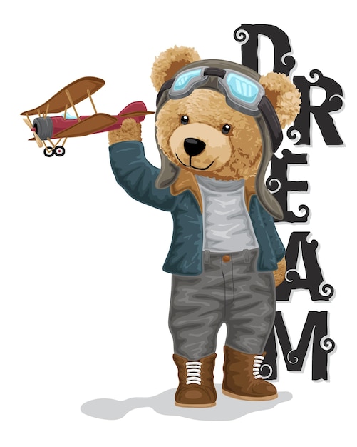 Vector illustration of bear doll in pilot costume holding airplane toy