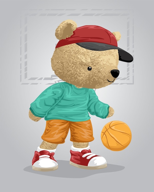 Vector illustration of bear doll playing basketball