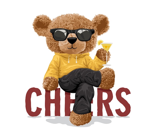 Vector illustration of bear doll with glasses sitting on cheers text while holding cocktail glass