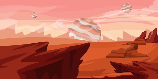 Vector vector illustration of a beautiful alien landscape cartoon scene of a cosmic view with rocks canyons plains planets of different sizes the sky in pinkyellow pastel shades martian landscape