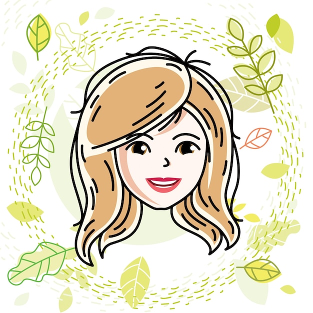 Vector illustration of beautiful blonde female face, positive face features, spring theme clipart.