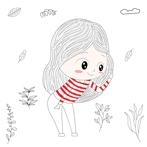 Vector illustration of beautiful girl standing looking at plants