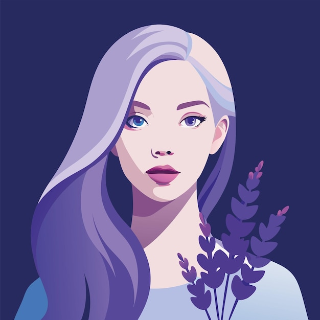 Vector vector illustration of beautiful girl with purple hair holding bouquet of blooming lavender flowers