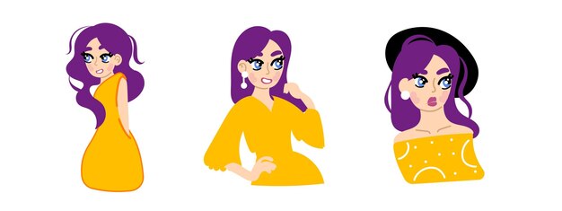 Vector illustration of a beautiful girl with purple hair in a yellow dress