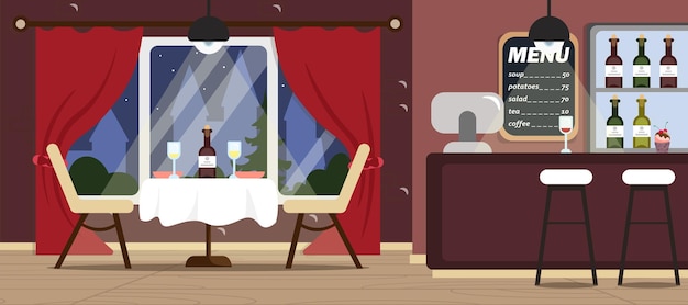 Vector illustration of beautiful interior restaurant Cartoon interior with a romantic table near the window with wine a bar with a menu and alcohol