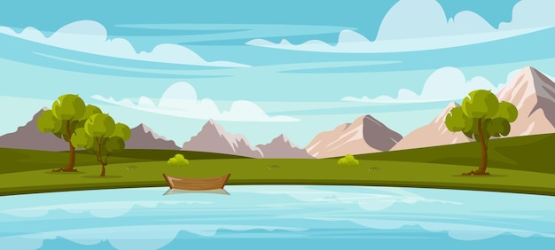 Vector illustration of a beautiful landscape with a river Cartoon scene of summer sunny landscape with river boat with reflection plain with green trees bushes mountains blue sky and clouds