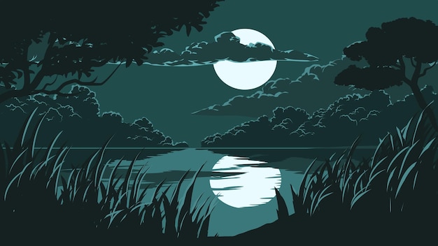 Vector illustration of beautiful night at lake with full moon