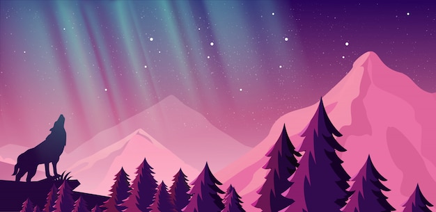 Vector illustration of beautiful northern lights in night sky over the mountains. View of the forest, wolf in the mountains.